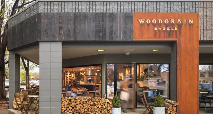 Front view exterior of Woodgrain Bagels